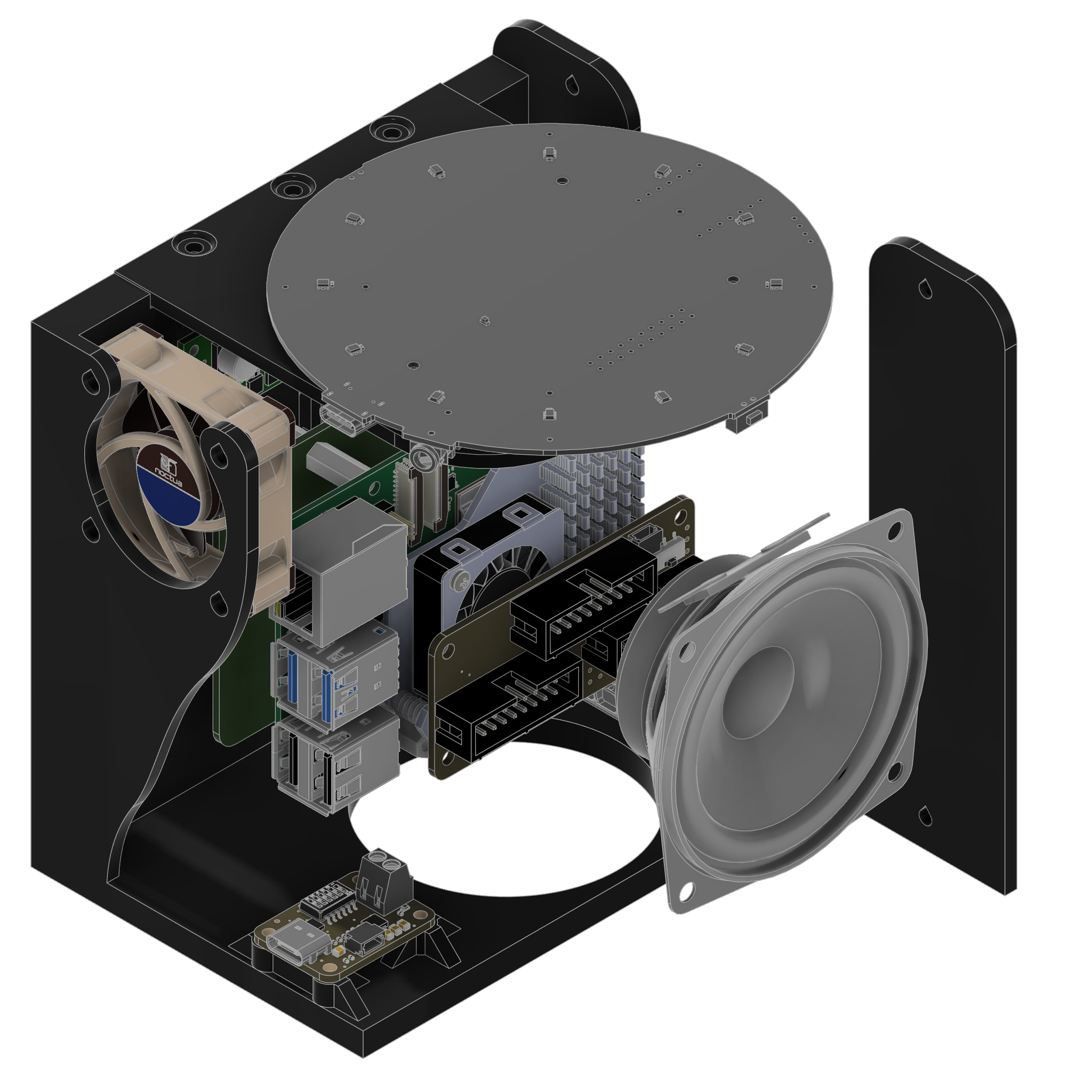 Fusion 360 exploded assembly render showing components inside the Cube's internal body